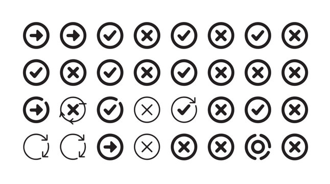 Checkmark and cross icons in circles on transparent background vector.