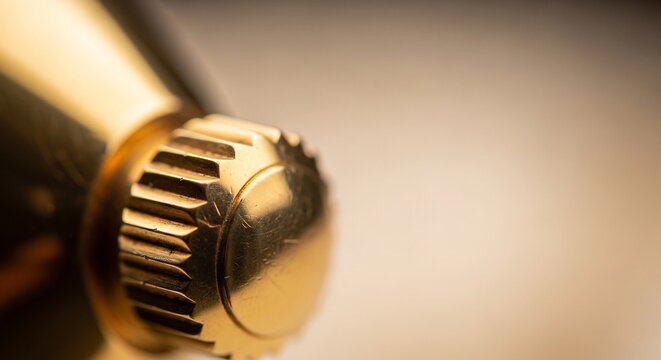 Close-up Macro Shot of a Golden Watch Crown and Stem.