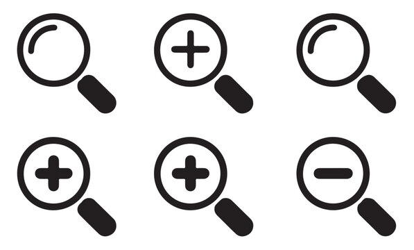 Magnifying glass icon set for zoom in and zoom out interface search web navigation design.