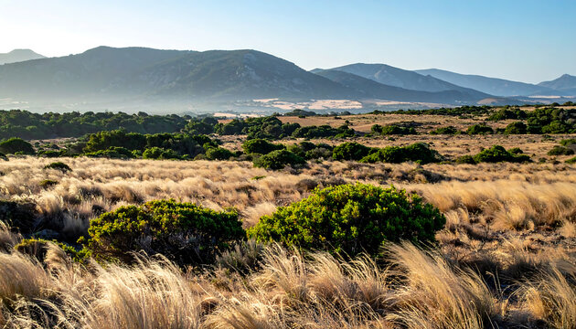 Golden Feather Grass Field with Green Bushes and Misty Mountains in the Background at Sunrise