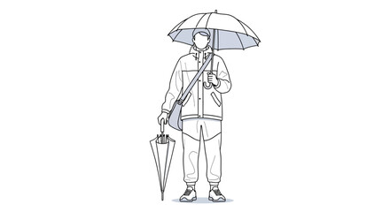Fototapeta premium Man Holding Umbrella - Line Art Illustration