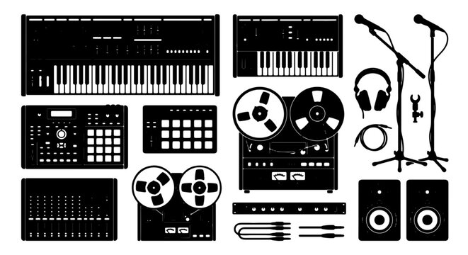 Retro Music Studio Equipment, Vintage Audio Gear Collection, Black and White Vector Icons for Sound Production and DJ Setups
