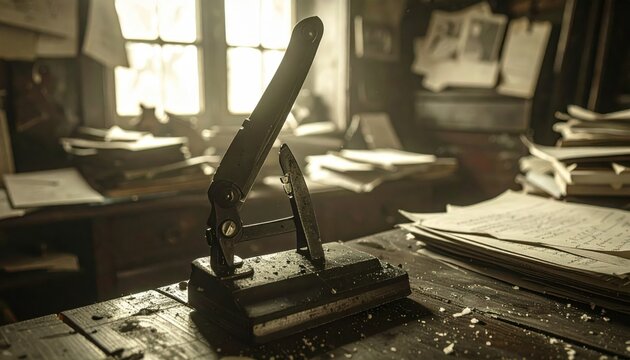 A blunted letter opener rests on a dusty desk, a once sharp tool of communication now rendered useless and worn with age