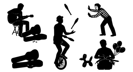 Street Performer Silhouettes: Musician, Juggler, Mime, Balloon Artist, 6 Vector Elements for Entertainment and Performance Concepts © Anwar