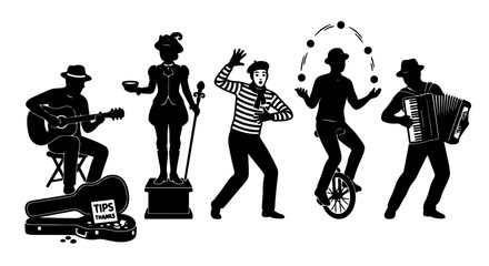 Circus Performers Silhouette Collection: Guitarist, Statue, Mime, Juggler, Accordionist, Black & White Vector Icons for Entertainment and Performance Themes © Ehsanur