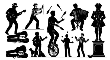 Circus Performers Silhouette Collection: Juggler, Guitarist, Accordion Player, Unicyclist, Dog, and Statue Vector Set for Entertainment and Performance Themes © Ehsanur