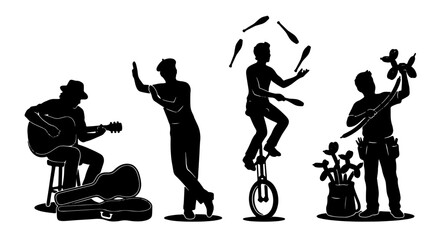 Silhouette Performers: Musician, Dancer, Juggler on Unicycle, Balloon Artist, Vector Set for Entertainment and Celebration Concepts © Anwar