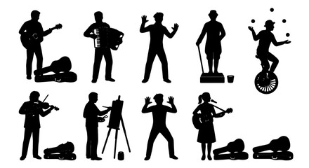 Street Performer Silhouettes Collection: Musicians, Artist, Juggler, Unicyclist, 10 Diverse Figures, Black Vector Icons for Performance and Entertainment Concepts © Ehsanur