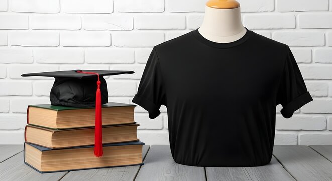 Black tshirt mockup with graduation cap and stack of books on a wooden table