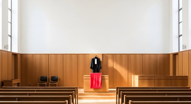 Interior of a modern courtroom with wooden benches and a judges robe on a podium