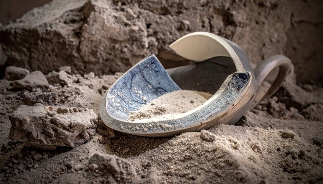 A broken ceramic shard, once part of a cherished vessel, lies partially buried in dusty earth, representing loss and history
