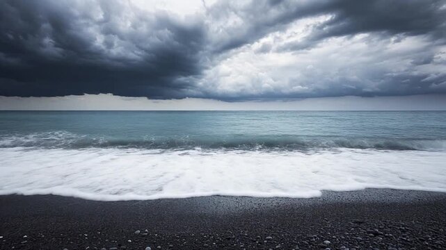 Stormy beach scene with dark clouds, rough waves, and turbulent sky