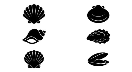 Set of Six Black Shell Icons, Marine Life Vector Graphics, Seafood and Oceanography Symbols, Nautical Design Elements © Suman