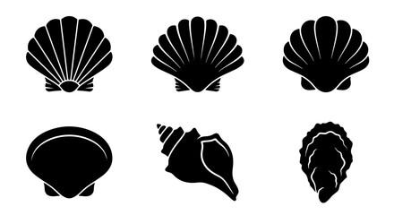 Six Black Scallop and Seashell Silhouettes, Vector Icons for Marine Life and Ocean Themes, Nautical Design Elements © Suman