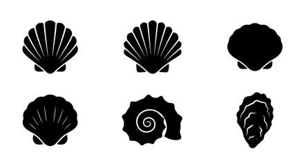 Set of 6 Black Scallop and Seashell Icons, Vector Graphics for Marine Life and Ocean Themes © Suman