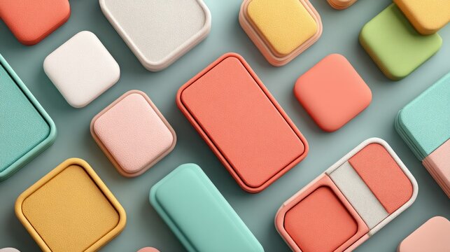 Assortment of small, colorful, square and rectangular objects arranged with soft textures and rounded edges.