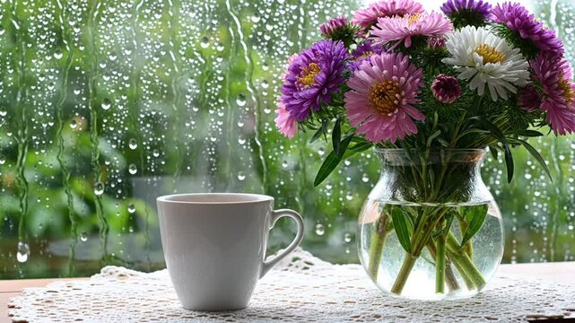 Raindrops on window with a mug and colorful aster flowers indoors
