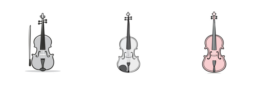 Collection of violins and a bow in artistic style with different color variations