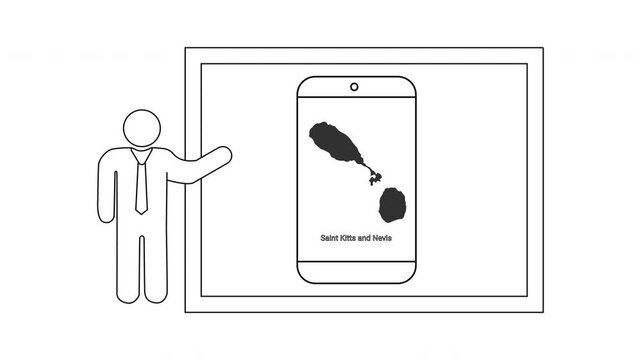 Man presenting a smartphone with a map of Saint Kitts and Nevis on screen.