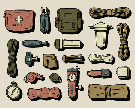 Emergency Survival Kit Flat Lay Illustration with First Aid and Outdoor Gear