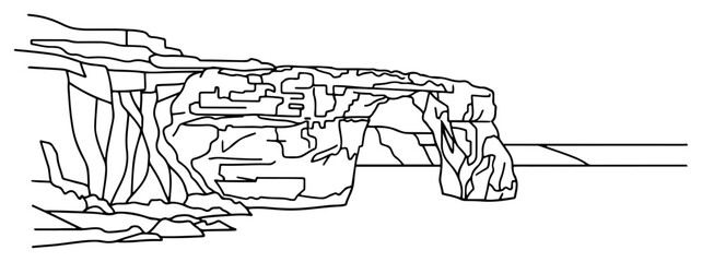 Obraz premium Natural stone arch formation on sea coast, minimalist line art vector of rock bridge and ocean landscape, coastal geology scenery