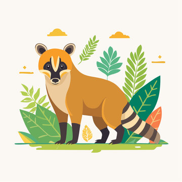 Cute Coati Animal Illustration in Tropical Leaves