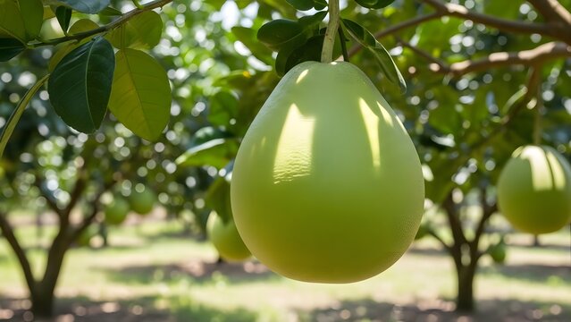 Pomelo fruit hangs from a lush tree branch in a sunny orchard while waiting to be harvested during the peak season.