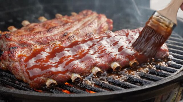 Basting pork ribs with barbecue sauce on a grill