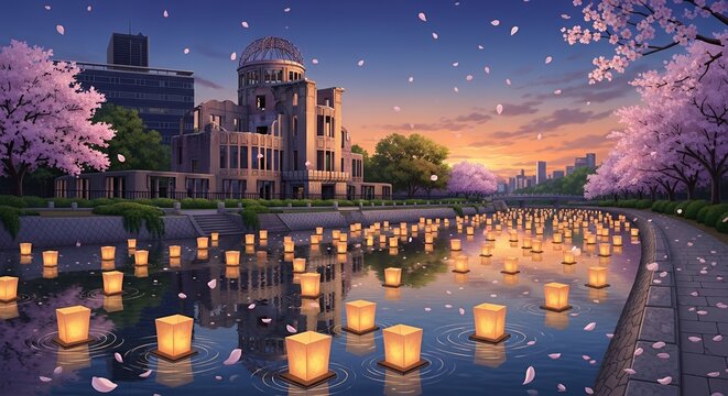 Hiroshima Peace Memorial with floating lanterns and cherry blossoms.