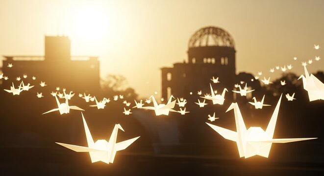 Illuminated origami cranes with Hiroshima Atomic Bomb Dome.