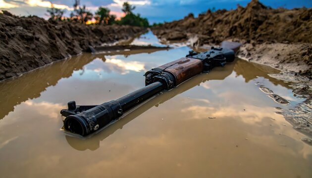 A broken rifle submerged in muddy water with a reflection of the sky, representing the aftermath of conflict and discarded weaponry
