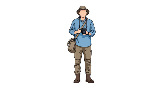 Man Photographer Explorer with Camera and Hat on White Background