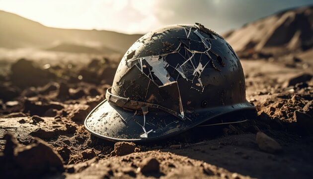 A broken soldier's helmet, dented and scratched, lying in the dirt of a battlefield