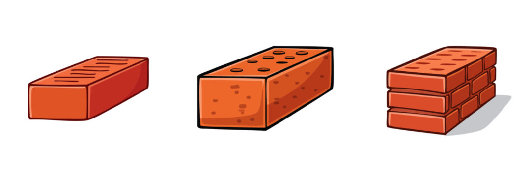 Set of different red bricks for construction materials in cartoon style