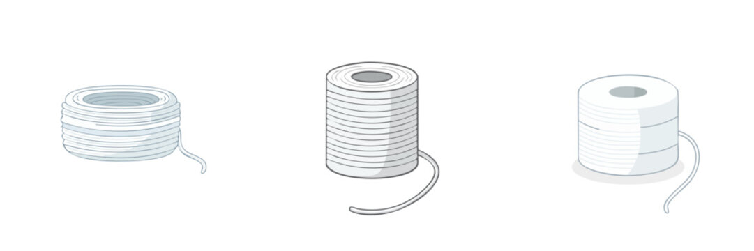 Set of three white spools of thread or twine isolated on white background
