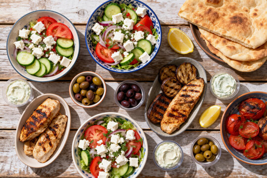Mediterranean grilled chicken with Greek salad, olives, tzatziki, grilled vegetables, and flatbread