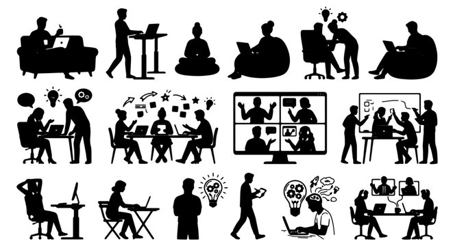 Diverse Silhouette Collection: Remote Work, Collaboration, and Brainstorming Icons for Business and Technology Concepts