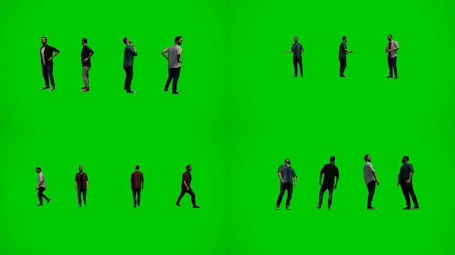 3d animated cartoon animation people walking and moving on green screen chromakey background. Casual and mixed group of animated characters strolling naturally in various directions, perfect for gener
