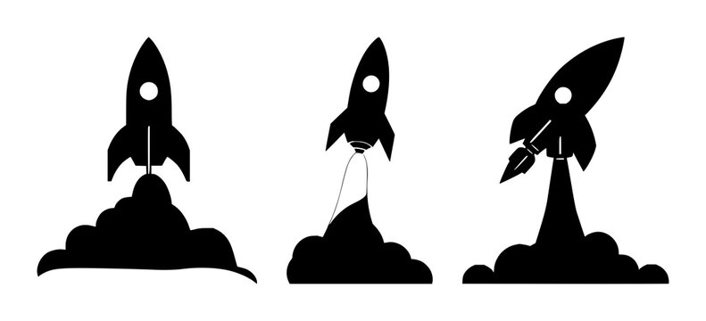 Rocket launch icon set with solid black rocket against white background featuring rocket, launch, startup with business and technology