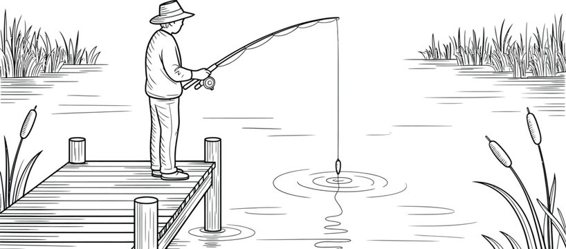 Fishing, man on dock, vector illustration, line art, black and white