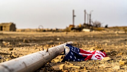 Fototapeta premium A bullet-pierced American flag pole lying on barren ground with debris in the background, symbolizing a defeated cause.