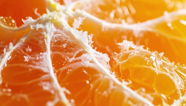 Macro shot of vibrant orange fruit segments and pith.