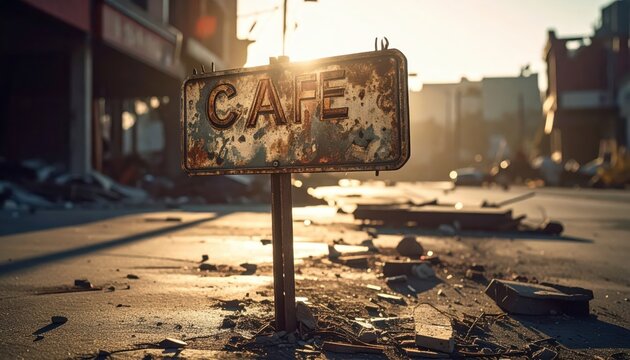 A bullet-riddled and rusted cafe sign stands in urban ruins bathed in the warm glow of the setting sun.