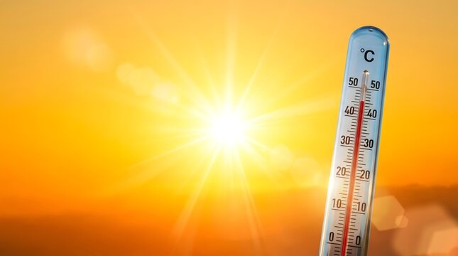 Intense sunbeams beat down on barren cracked earth, thermometer shows high temperature, severe heatwave, global warming concept.