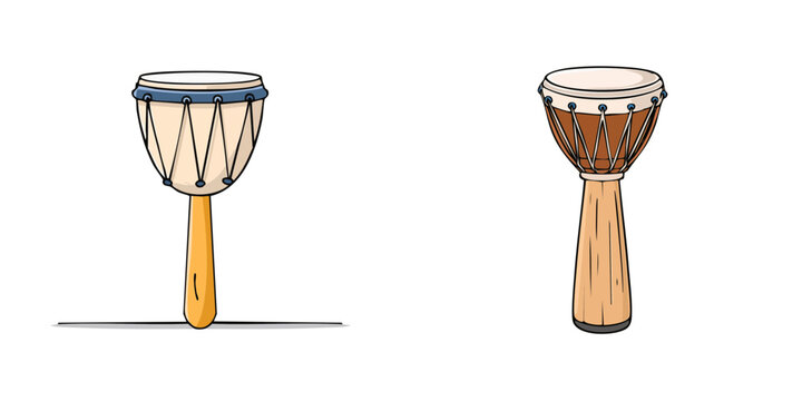 Set of two African hand drums percussion instruments with wooden stands and natural skin heads