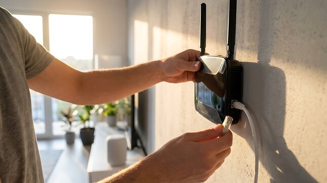 Person connecting ethernet cable to router mounted on wall, internet connection, broadband, home network setup, technology installation, Wi Fi modem.
