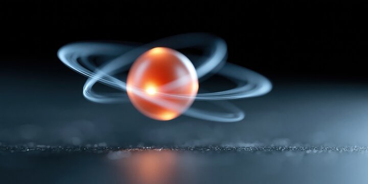 A conceptual image representing an atom with electrons rotating around its nucleus, symbolizing scientific discovery, innovation, and the fundamental building blocks of the universe.