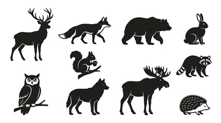 Fototapeta premium Forest animal silhouette icon collection with elegant woodland wildlife illustrations isolated on white background for outdoor and nature-themed design.
