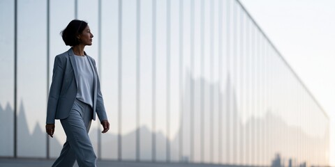 Fototapeta premium A confident businesswoman walks outside a modern glass building, showcasing professionalism and ambition in an urban setting, embodying success and leadership in her stride.