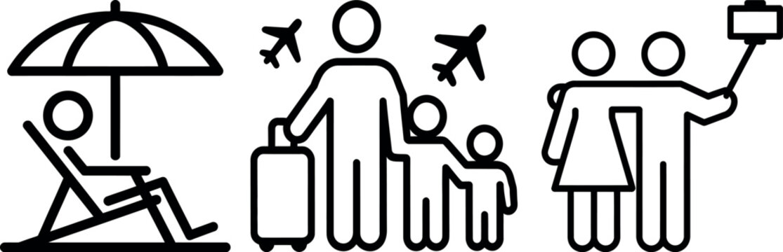 Family vacation travel icons showing beach relaxation, airport arrival, and sightseeing